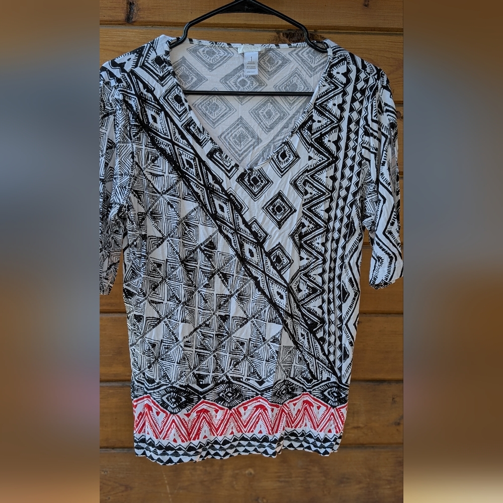 Chicos Top Women Size 1 Aztec Print Stretch Art Casual